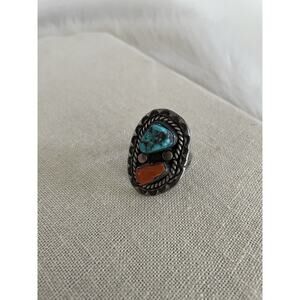 Vintage Old Pawn Native American Ring Size 12 Turquoise Coral Sterling Silver